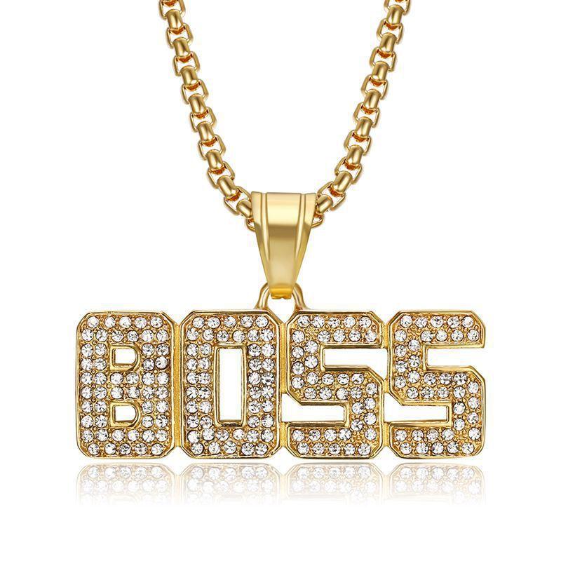 New Hip-Hop Jewelry Titanium Steel Gold-Plated Diamond-Encrusted BOSS Letter Pendant Necklace