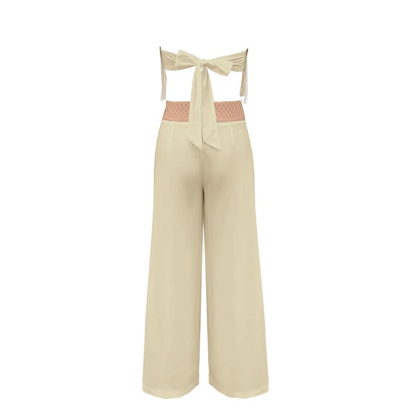 Solid Color Tassel Tube Top Strap Two-piece Sexy Beach Seaside Vacation Ladies Suit 2025 High Waist Wide Leg Pants & Short Tube Top