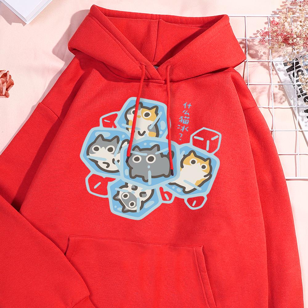 Толстовка с капюшоном Ice Cat Fun Cartoons Cats для мужчин и женщин в стиле Харадзюку, повседневная одежда, свободный свитер в стиле Streetwear, толстовки с капюшоном