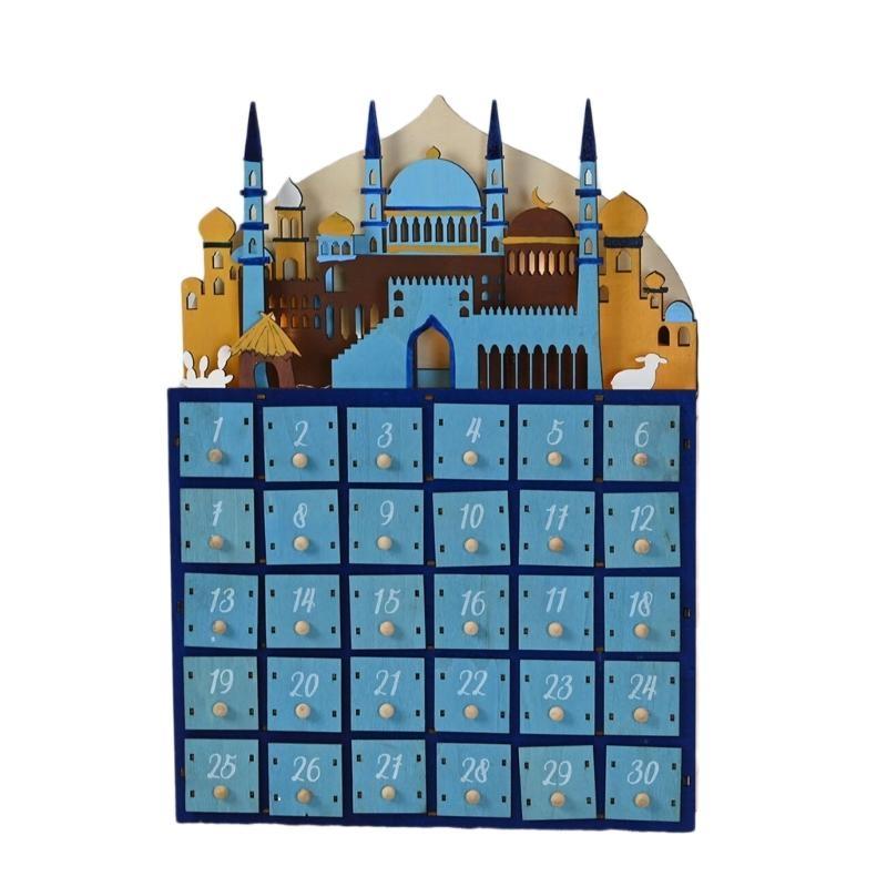 652F Islamics Home Decors Eid Ramadans Countdown Calendar with LED Lighting and 30 Small Drawers Muslims Party Supplies
