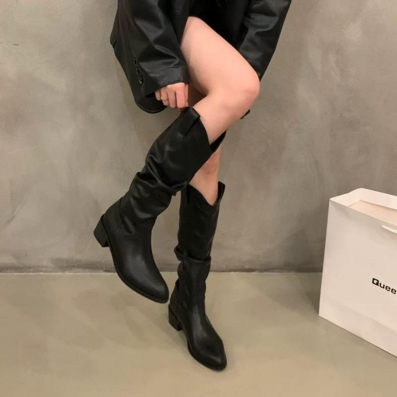 Thick Heel Vintage Brown V-Mouth Pile Medium Boots Women's Shoes Summer Pointed Western Cowboy Boots