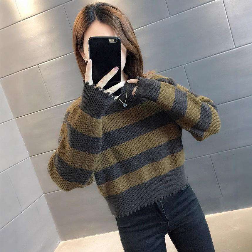 Европейская станция осень и зима новый универсальный ленивый трикотажный свитер с круглым вырезом, в стиле ретро, с длинным рукавом, полосатый, контрастного цвета, пуловер
