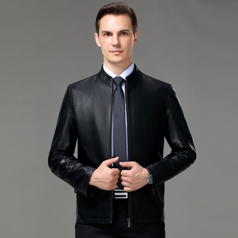 Genuine Leather Jacket for Men, Short Stand Collar, Thickened Autumn and Winter Middle-aged and Elderly Men's Casual Sheep Leather Wallet
