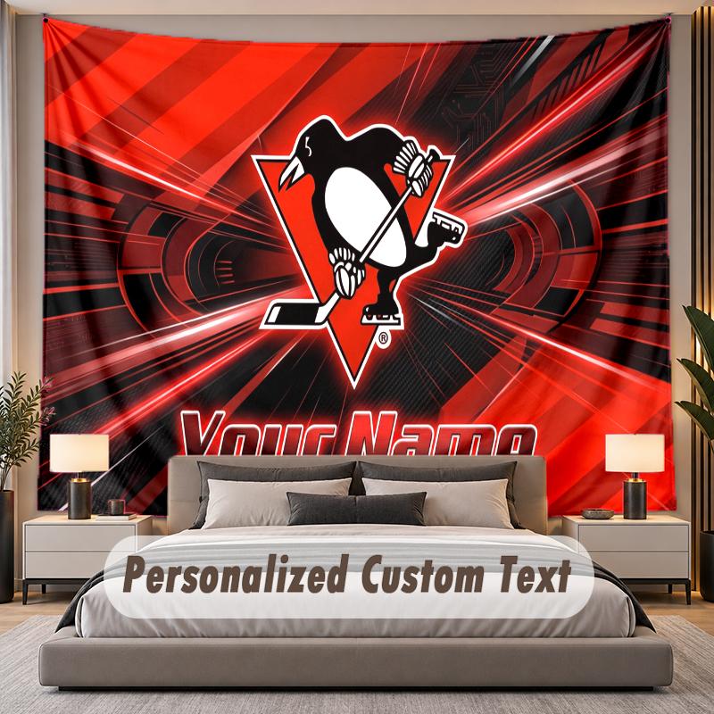 Custom Name Text Tapestry Pittsburgh Penguins Personalized Polyester Wall Tapestry For Bedroom And Room