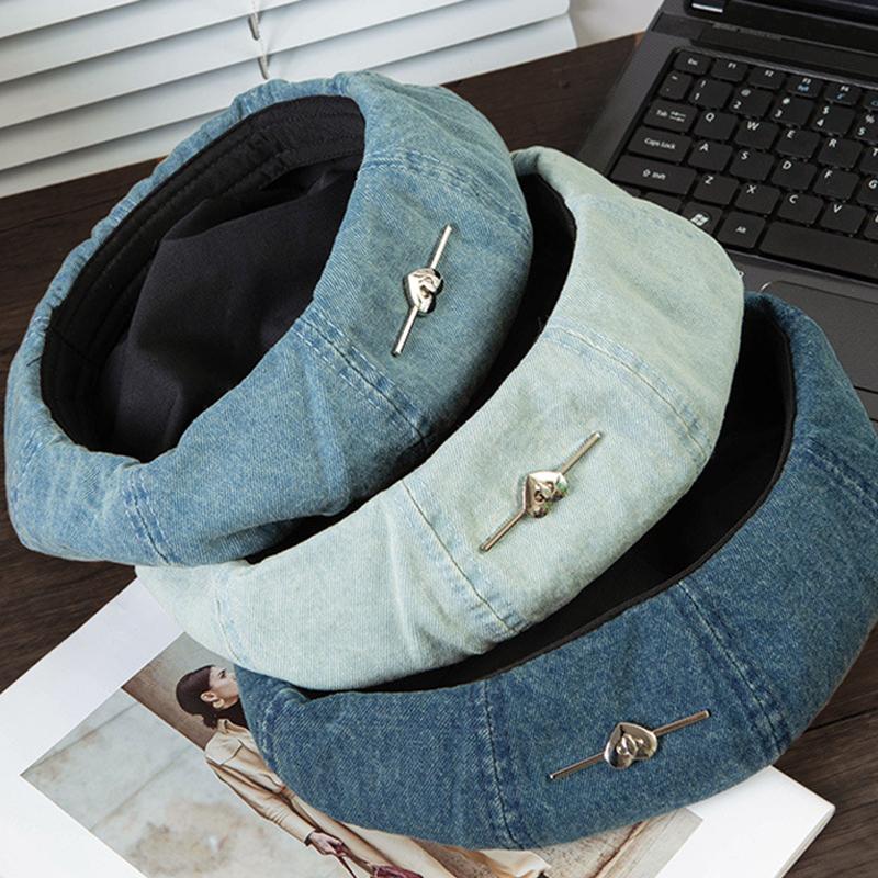 Love Metal Sign Cowboy Berets for Women Blue Denim Washed Cotton Octagonal Painter Hat Korean Casual Versatile Retro Newsboy Cap Vintage Painter Hats