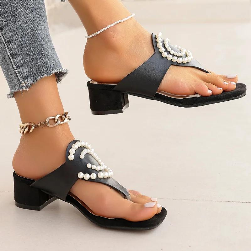 Fashion Hot Sale Square Toe Flip Flops Fashion Mules Shoes Women Slippers Velvet Ladies Low Heel Pearl Flower Decoration Women's Sandals