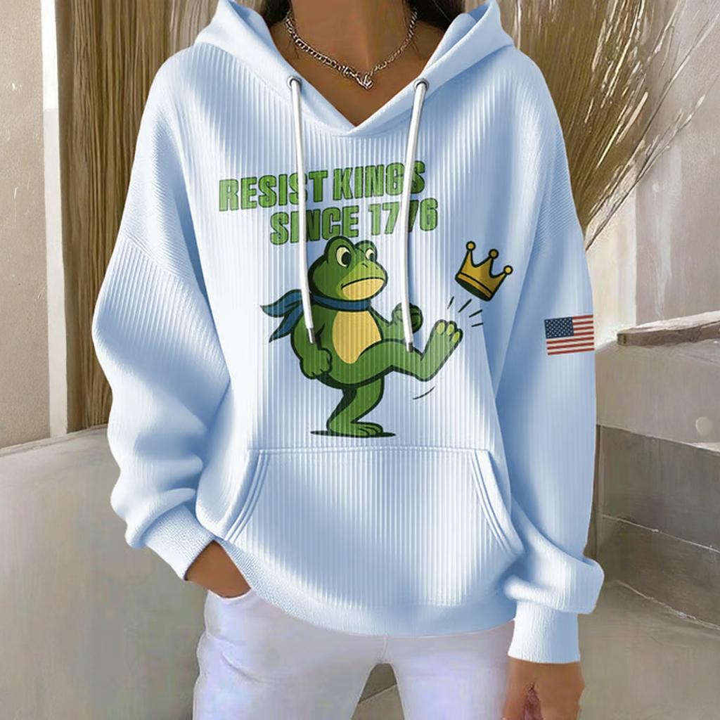 Женское свободное и удобное худи с принтом, V-образным вырезом и длинными рукавами на кулиске