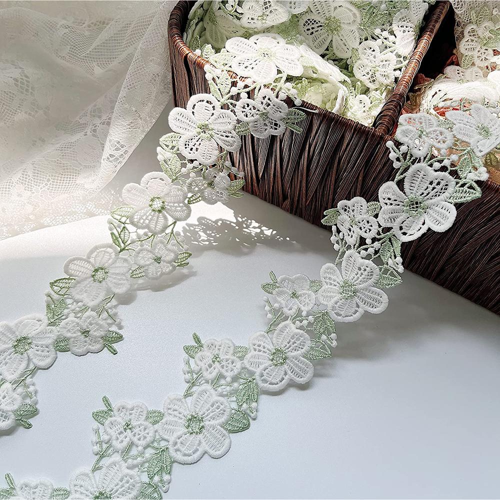 Бело-зеленая кружевная ткань с цветами шириной 1 ярд шириной 5 см