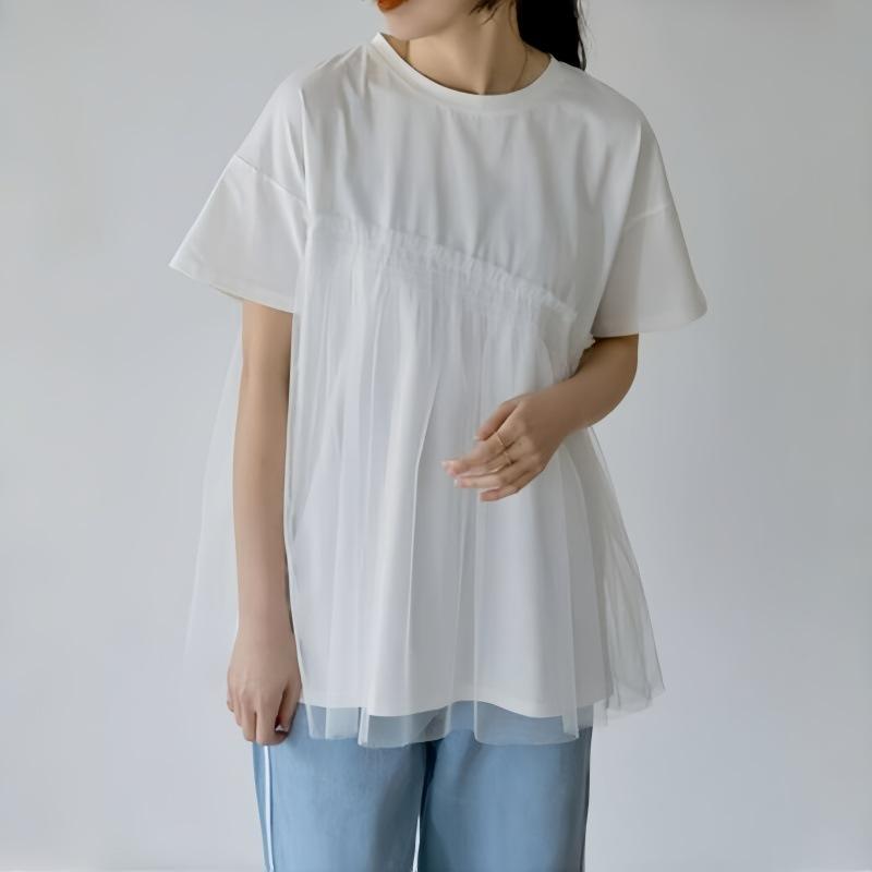 Хорошая ткань японский летний топ женский простой повседневный сетчатый сращивающийся короткий рукав круглый вырез пуловер футболка