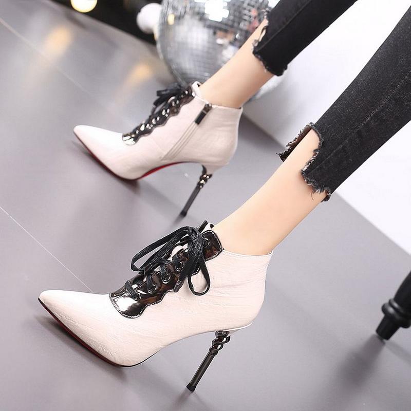 Мода FHC 2024 Новые женские ботильоны 'nude', Осенняя обувь на высоком каблуке, Короткие ботильоны, Шнуровка спереди, Заостренный носок, 34-39, Черный, Зеленый, Дропшиппинг