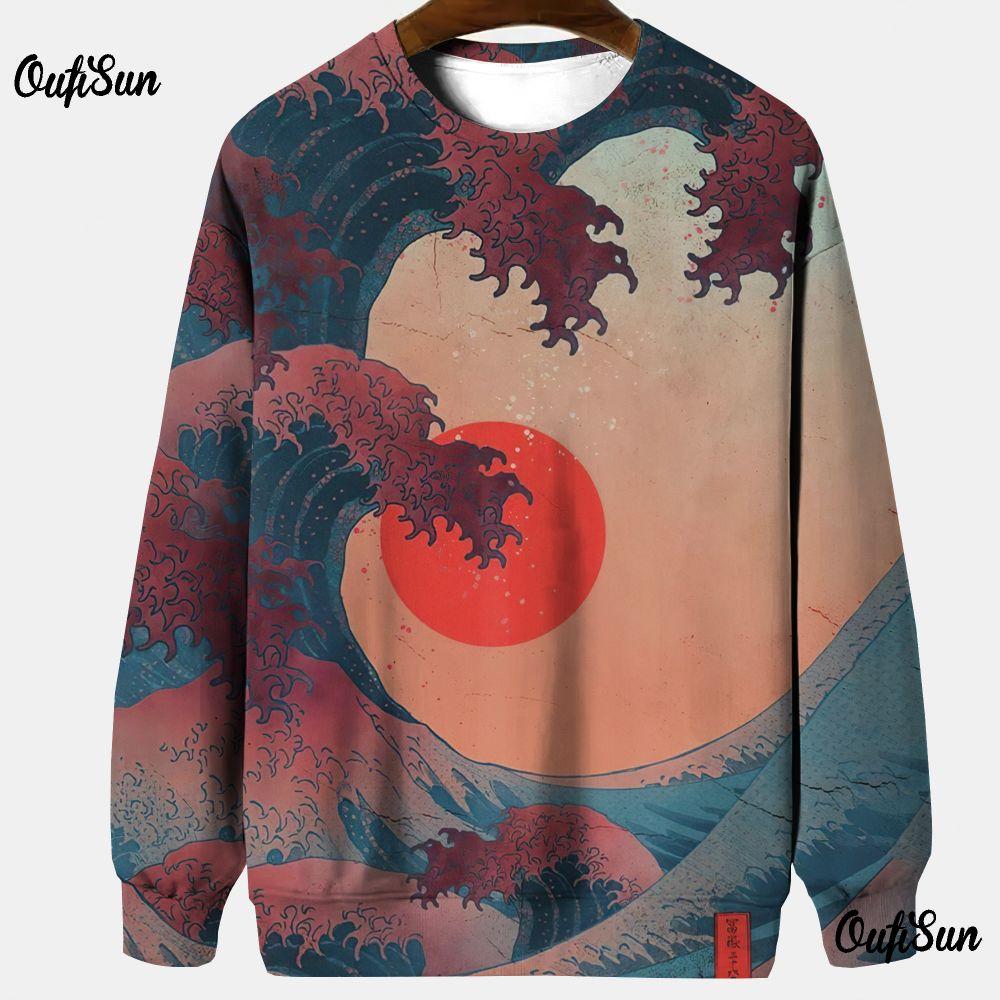 Японская толстовка Ukiyoe для мужчин, футболка с длинным рукавом и круглым вырезом, свитер свободного покроя, весенняя одежда, тонкие повседневные мужские толстовки 2024