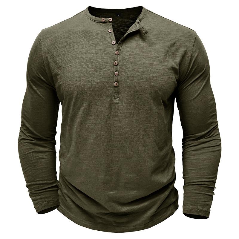 Mens 100 Cotton Slub Long Sleeve Henley Casual T Shirt