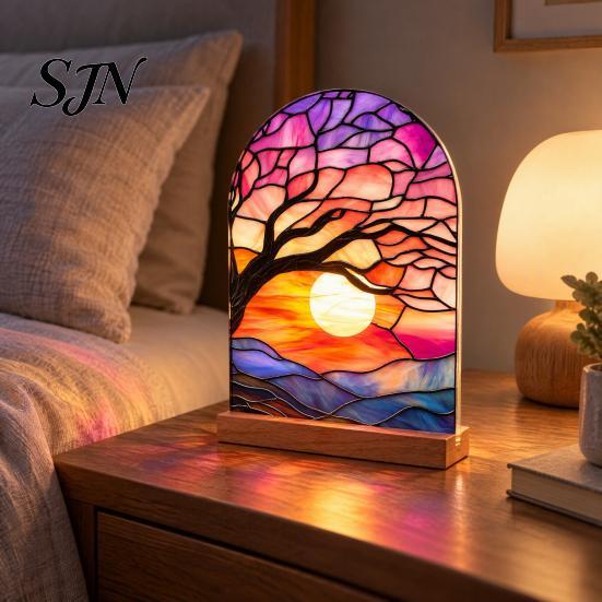Stable Wooden Base Decoration Stained Glass Style Acrylic Table Centerpieces, Floral & Landscape Pattern Durable Desk Ornament Tabletop Sign with Wood