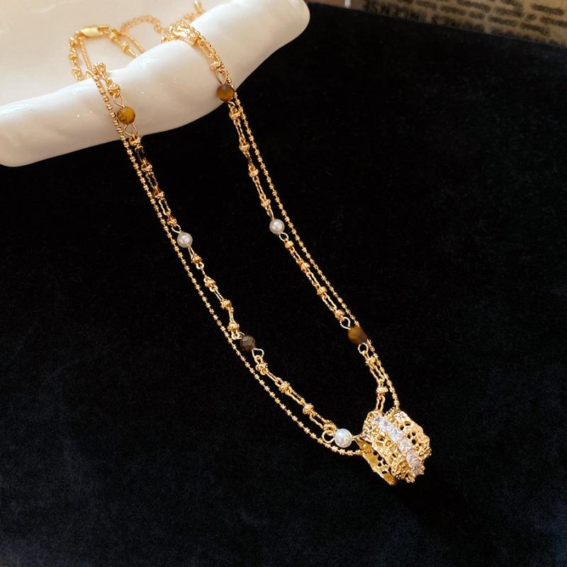 Super sparkling zircon tiger eye stone pearl beaded double layer clavicle chain retro palace style necklace