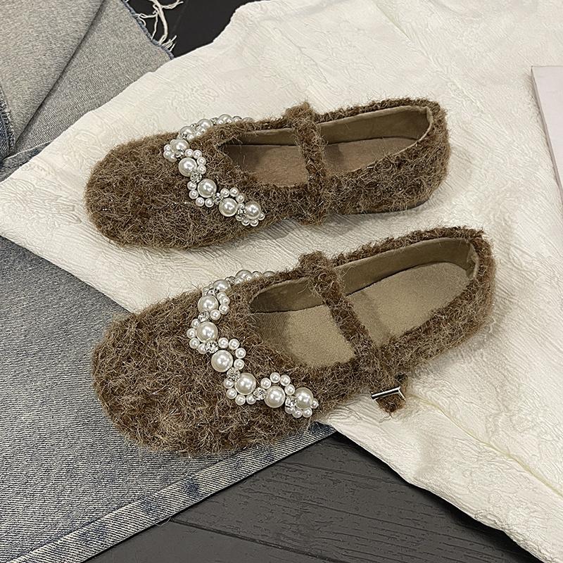 Модная осенняя новая плоская обувь одинарного фасона женская с круглым носком, мелким вырезом, линией из бусин, с мягкой подошвой, противоскользящая, низкая