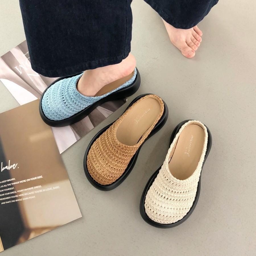 Весна и лето 2025 новые плетеные шлепанцы на толстой подошве с внутренней платформой, повседневные и универсальные женские шлепанцы
