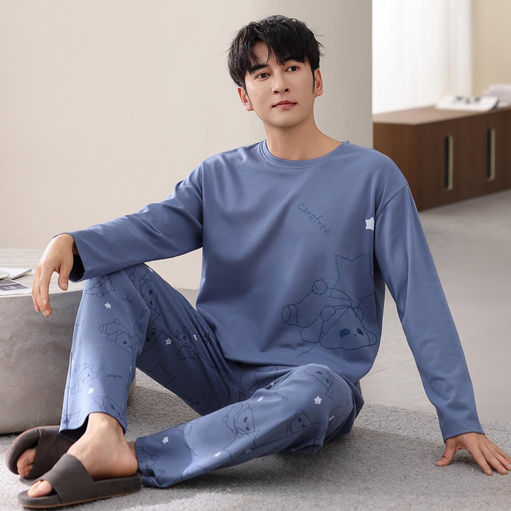 Pajamas Men'S Autumn Thin Cotton Long Sleeve Spring And Autumn Simple Wear Loungewear Suit