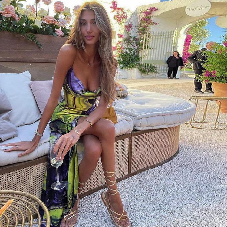 Elegant Sexy Backless Long Maxi Dress Women Spaghetti Strap Slit Draped Print Club Party