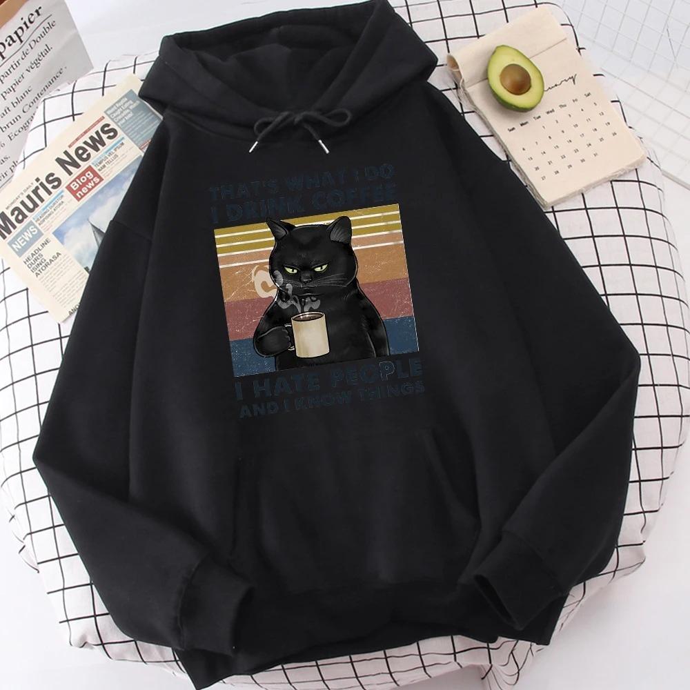Women's Fashion Hoodie High Quality Cat Drinking Coffee Printed Hoodie Autumn Winter Fashion Casual Daily Harajuku Women Hoodie
