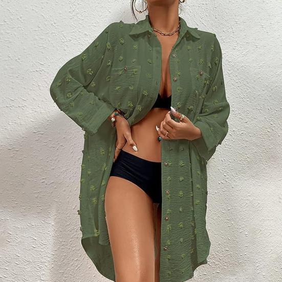 Women Beach Shirt Cover-up Solid Color Long Sleeve Lapel Loose Single-breasted Sun Protection Anti-UV Pockets Soft Lady Cardigan Top
