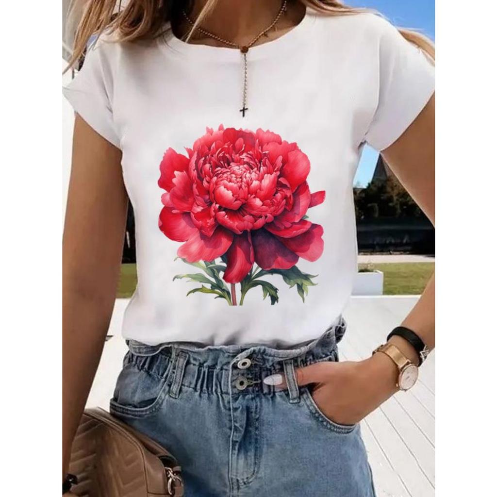Floral Sweet and Cute Fashion Printing Women's O-neck Clothes T-shirt Short-sleeved Casual Daily Top