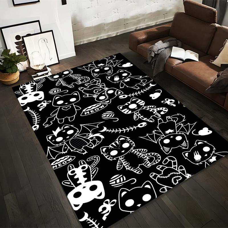 Black Cartoon Cat Pattern Carpet with Skeletons Wings Fish Bones and Meow Symbol Suitable for use as an anti-slip for room and bedroom sofas