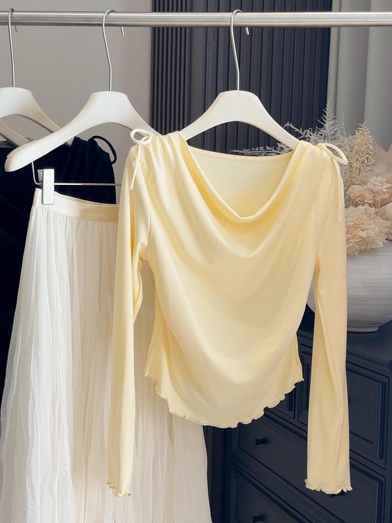 Элегантная женская футболка в корейском стиле с акцентом на талию, длинным рукавом и струящимся воротником - Приталенная, весенняя новинка