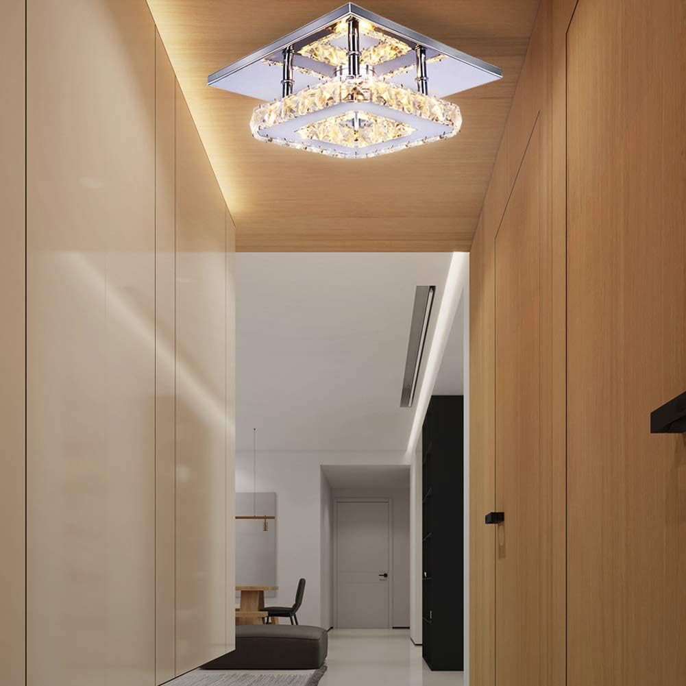 Small Led Chandelier Semi Flush Mount Crystal Lighting Modern Ceiling Crystal Lamp for Bedrooms Dinning Rooms Hallway (Warm)