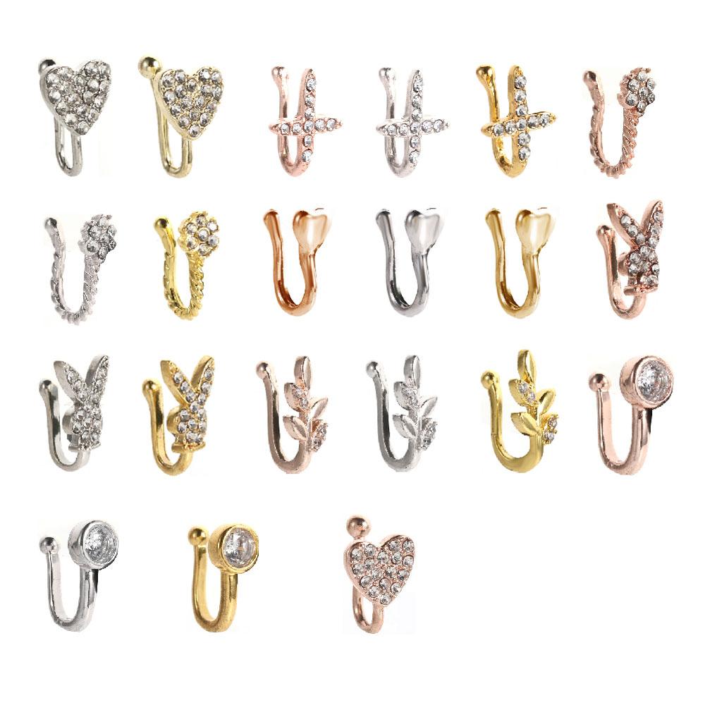 Женский зажим для носа в форме сердца из нержавеющей стали с цирконом и крестом, хрустальное поддельное кольцо для носа, кольца для носа
