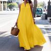 Summer Women V Neck Sleeveless Solid Color Casual Party Long Swing Dress