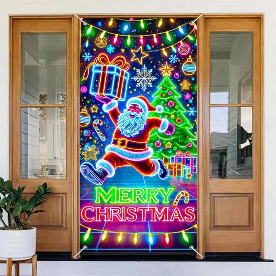 Fluorescent Christmas Door Cover 71x35 Inch Glow In The Dark Door Banner with Santa Tree Gift Box for Winter Front Door Party Wall Decor