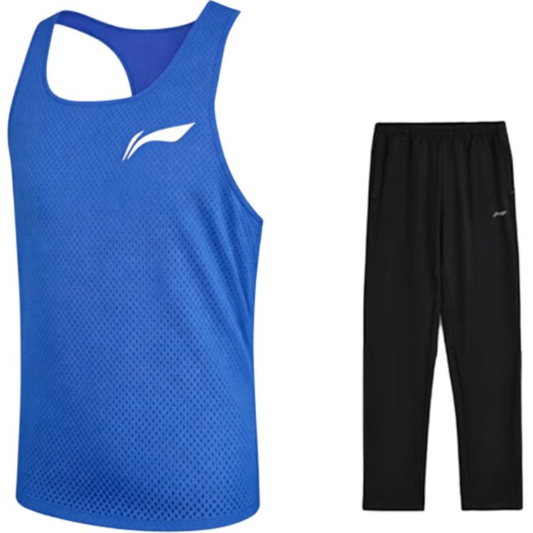 Li-Ning Летний мужской однотонный спортивный костюм без рукавов с круглым вырезом, удобный, дышащий, быстросохнущий, простой, универсальный, модный, повседневный YVSW033-6+AKLU881-1