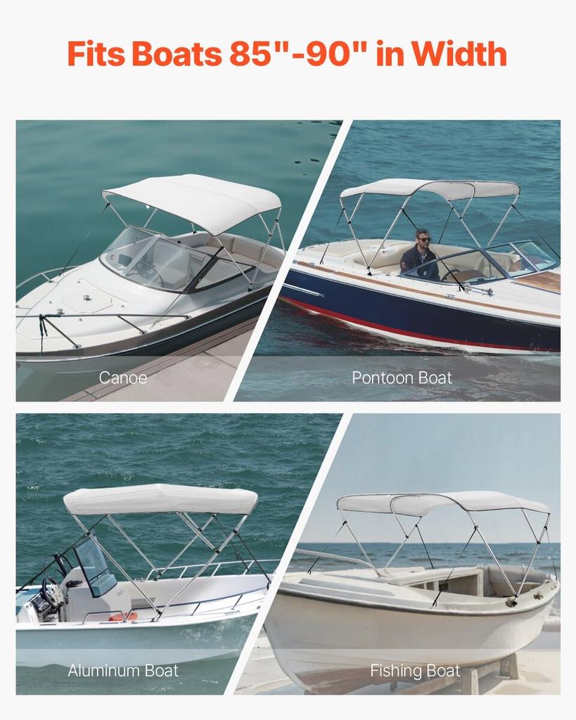 3 Bow Boat Bimini Tops 72"Lx(85"-90")W x 46"H Awning Canopy Light Grey