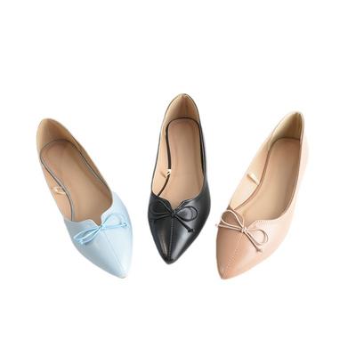 Весенне-осенние женские туфли на мягкой подошве 2025 новая модель, туфли-лодочки с острым носком и бантом, телесные, с открытым вырезом, женские балетки