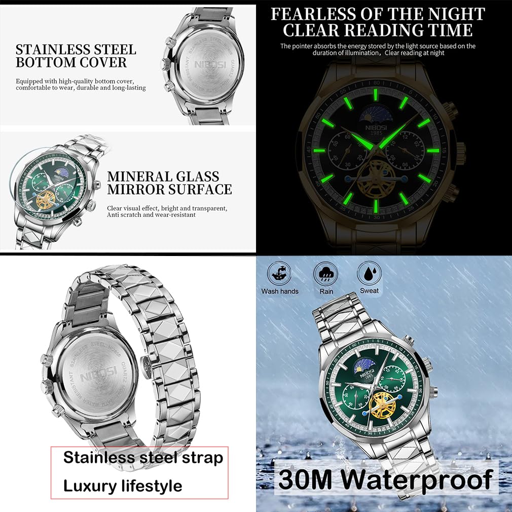 Часы NIBOSI наручные часы бизнес хронограф большой циферблат бренд стильный повседневный металлический браслет нержавеющая сталь аналоговый скелетон джентльмен роскошный подарок