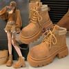 Fashion 2024 Fashion Winter New Women's Thick-soled Ankle-length Mid-heel Warm Lace-up Short Boots