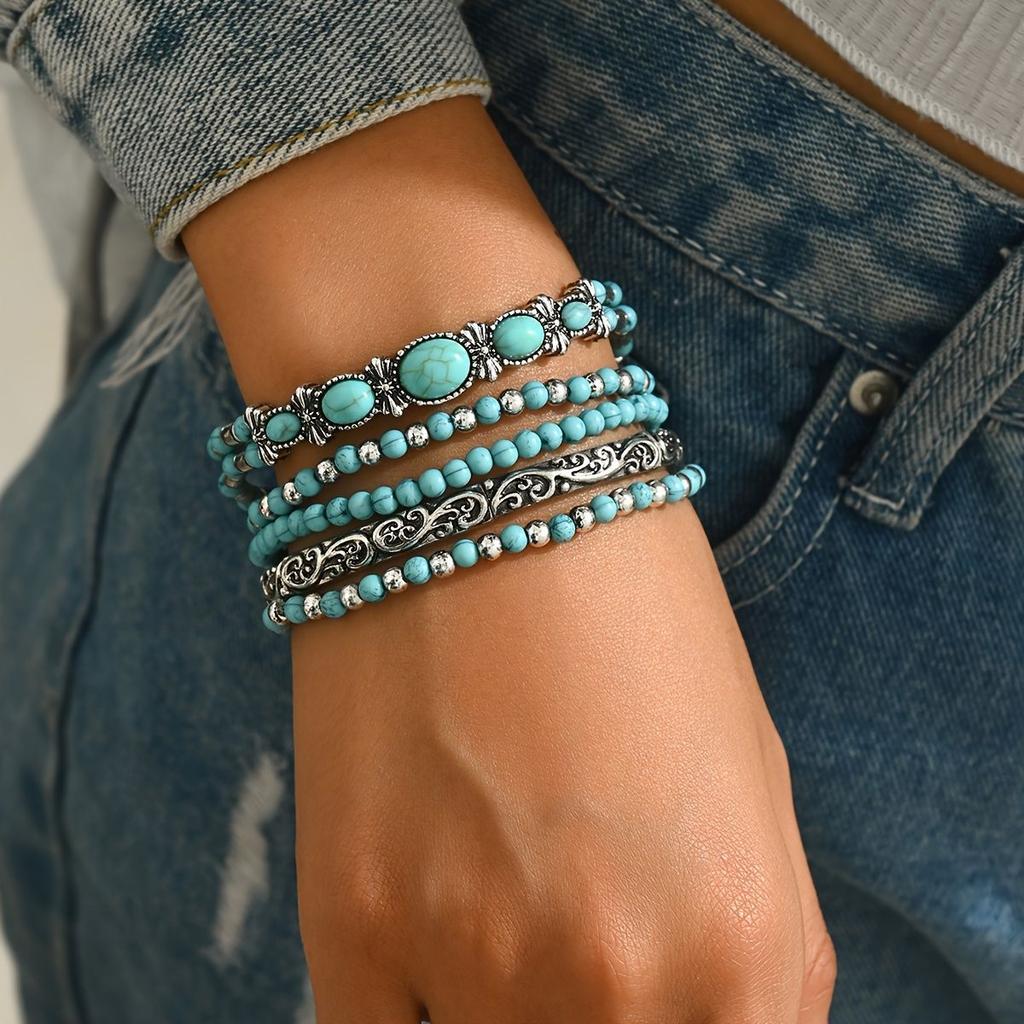 Bohemian Turquoise Bracelet Bangle Set Western Cowboy Vintage Jewelry Trendy Hand Beads for Women Men