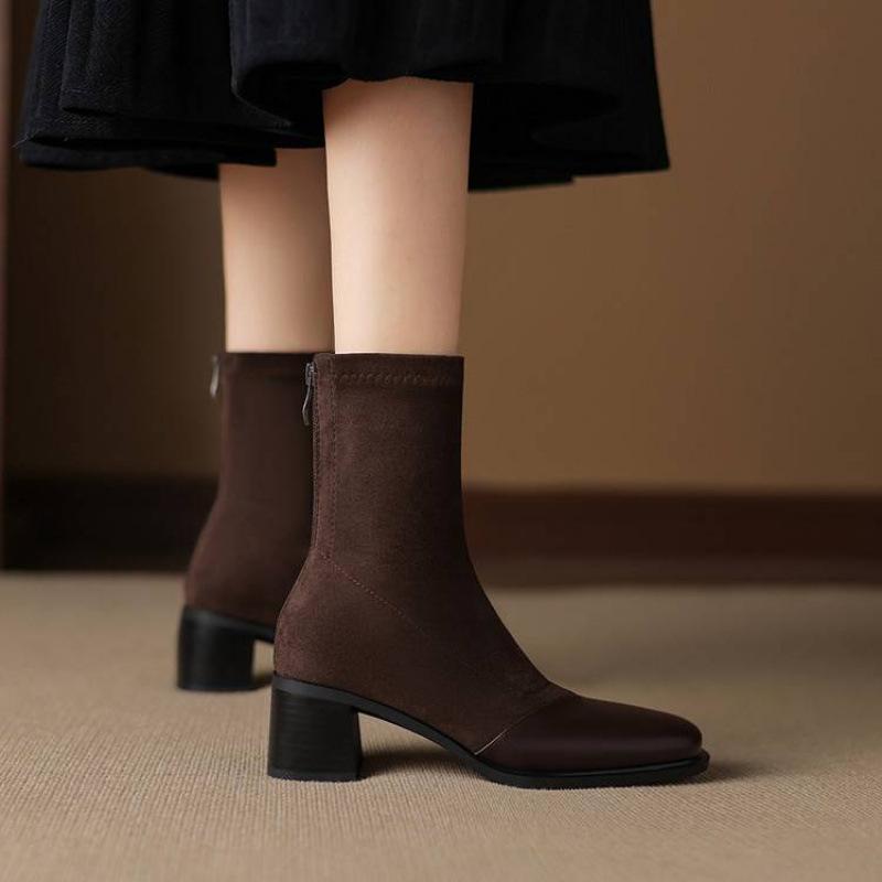 Осень и зима удобные квадратный носок полусапоги женские новые большой размер эластичная замша женские сапоги корейская версия новые средний каблук Ма