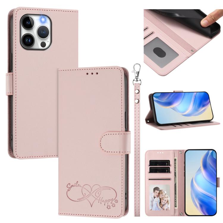 Happy Heart Pattern Magnetic Closure Vegan Leather Phone Case With Wrist Strap For iPhone Shockproof Protective Cover