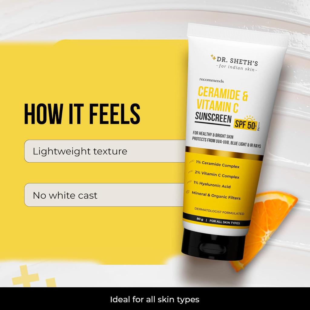 Dr. Sheth's Ceramide & Vitamin C Sunscreen SPF 50+ PA++++ Lightweight Non Greasy No White Cast For All Skin Types 80 g