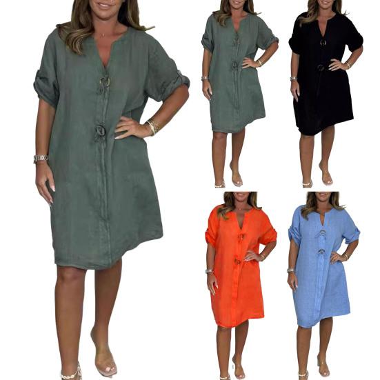 Лето Осень Женское Платье V-образный вырез рукава три четверти Свободный Плюс Размер Длина Колена Ретро Повседневный