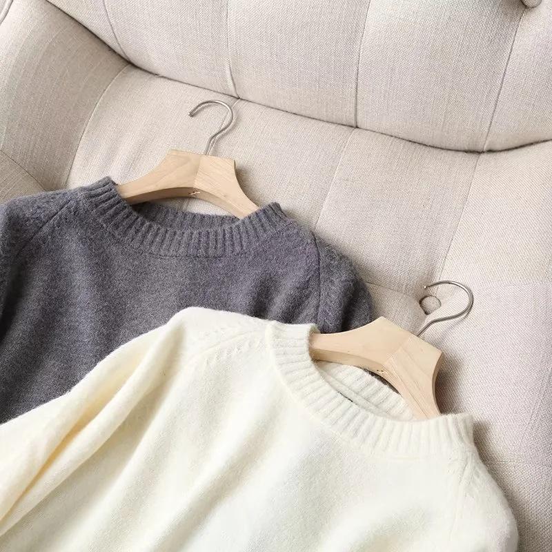 Женские пуловеры больших размеров, шикарные топы, элегантный бежевый вязаный свитер с круглым вырезом, джемпер