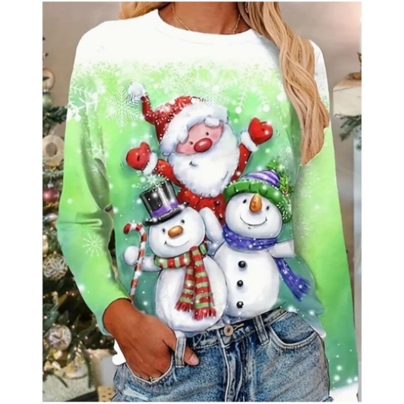 Весенне-осенний женский топ с рождественским принтом, футболка с круглым вырезом, повседневный милый стиль, футболка с длинным рукавом
