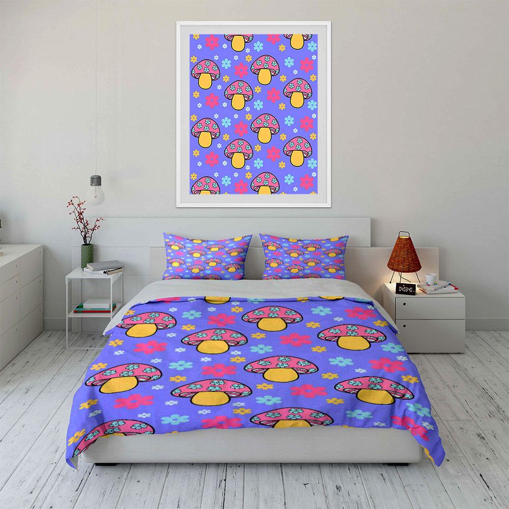 Mushroom and Floral Print Set Bedding Duvet Cover Set Duvet Cover Pillowcases (1 * Duvet Cover 2 * Pillowcases, without duvet insert)