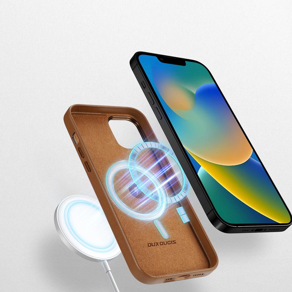 Dux Ducis Grit Leather Case For Iphone 14 Elegant Faux Leather Cover (Magsafe Compatible) Brown