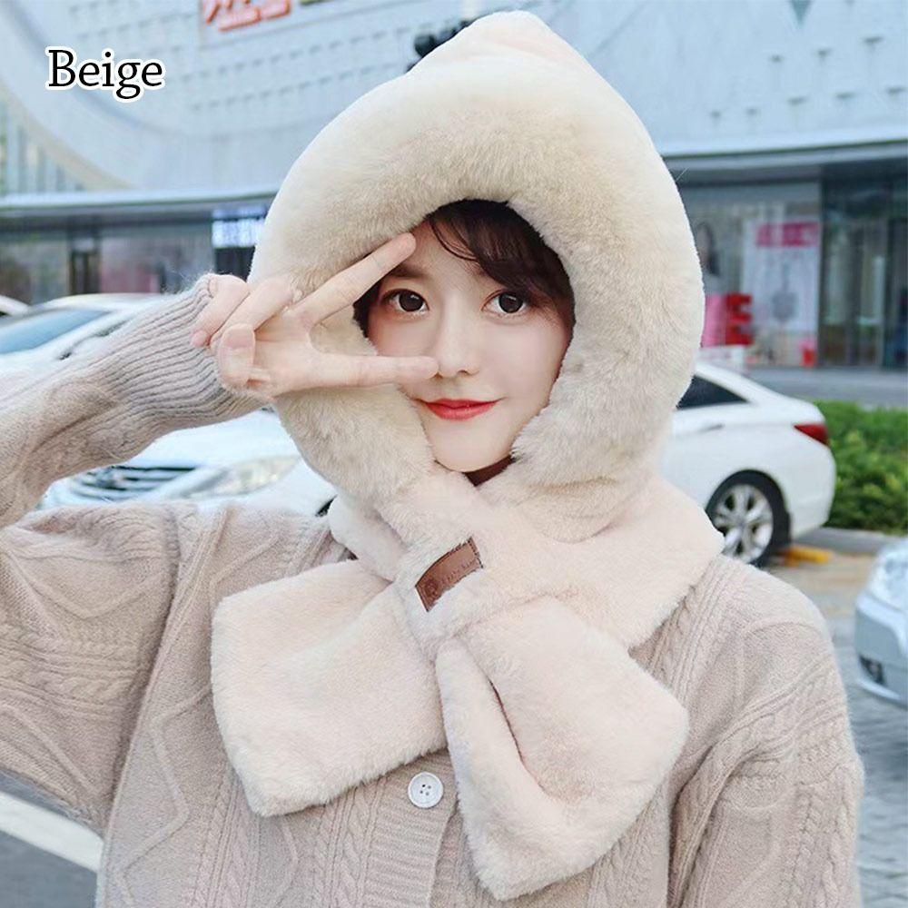 Thickening Beanie Hat Scarf Windproof Neck Warmer Winter Scarf Set Hooded for Women