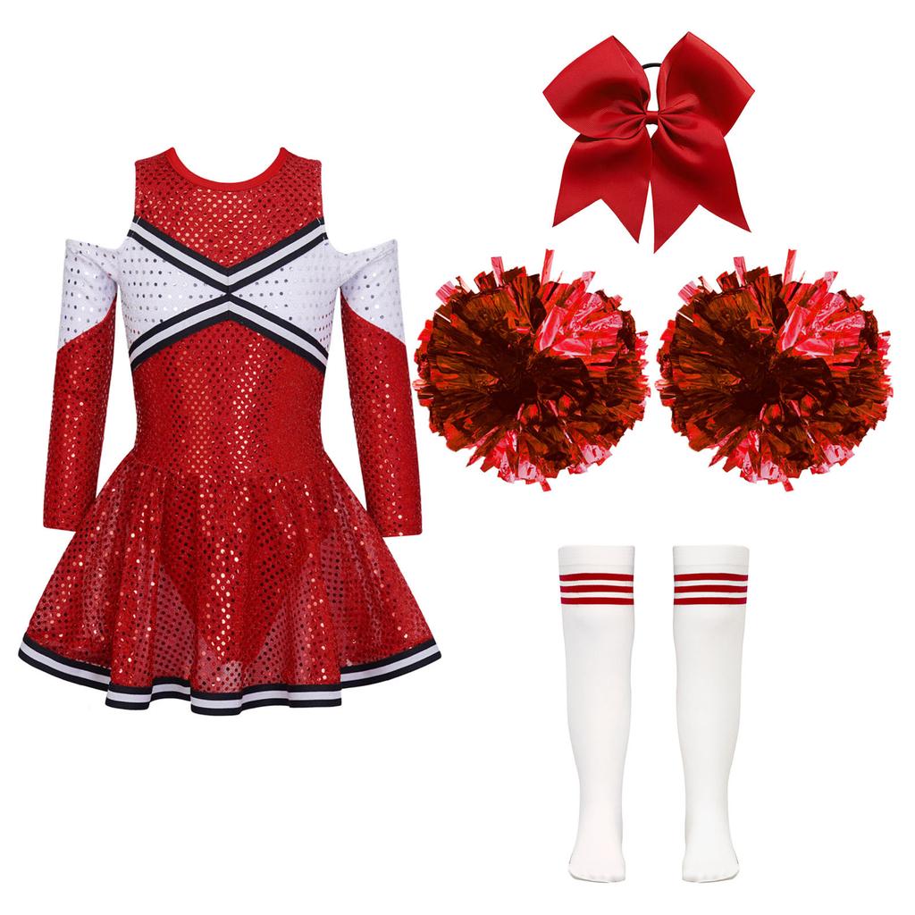 Girls Sparkling Cheerleading Outfit Off Shoulder Sequin Dress Long Sleeve Bow Headwear Hand Accessories Sport Socks