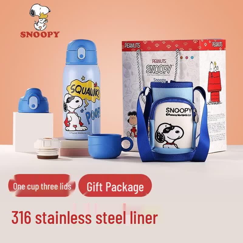 SNOOPY Детская термокружка из нержавеющей стали 316 с крышкой и трубочкой, 600 мл
