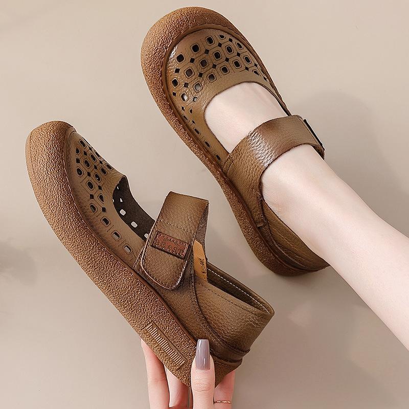 Handmade Light Luxury Retro Fashion Genuine Leather Hollowed Out Cowhide Sandals - Velcro Flats Women's Shoes