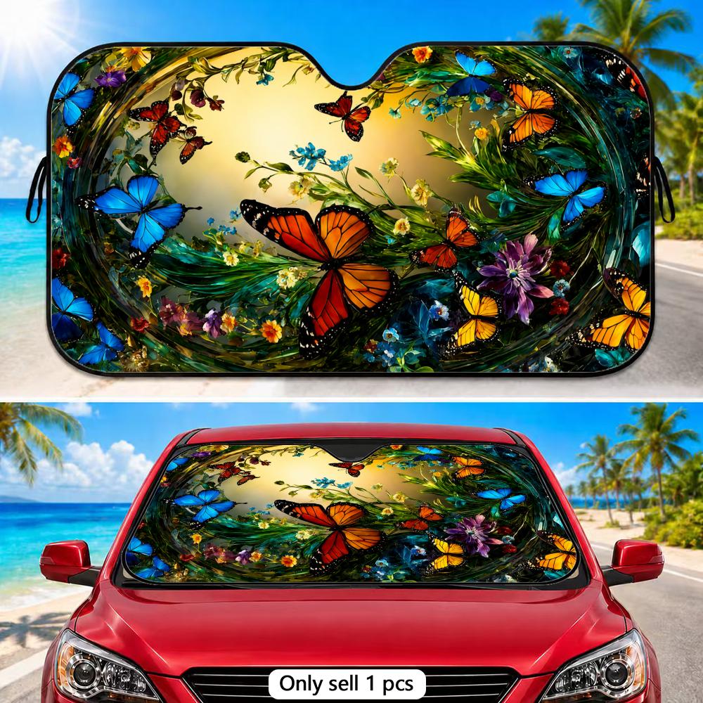 Butterfly Garden Pattern Sun Visor Reusable Foldable Aluminum Foil Sunshade UV Heat Insulation Cover for Car Front Windshield